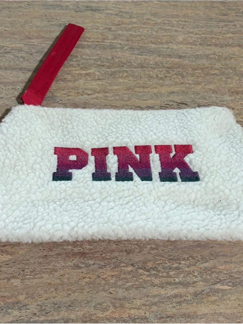 PINK Victoria's Secret Sherpa Zip Pouch in White with Pink-Teal Gradient Logo